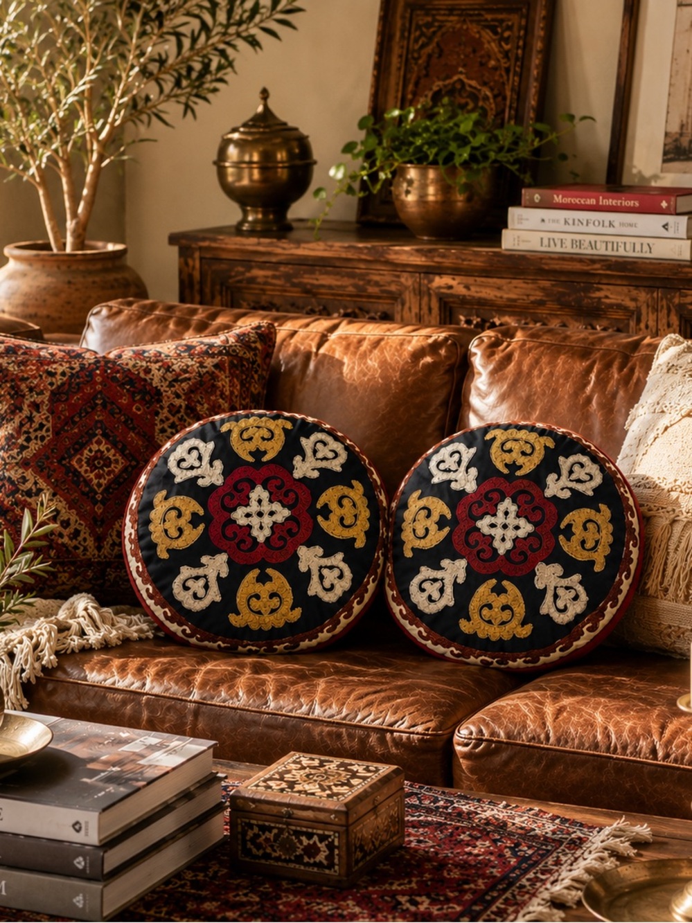Noble Excellence Embroidered Round Accent Pillows Set of 2 | Boho Decor